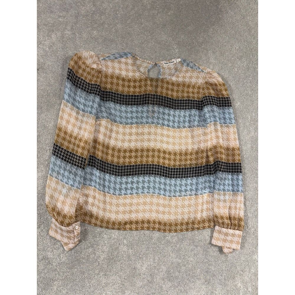 Roller Rabbit Womens Medium Popover Orange Blue Hounds Tooth Print Chiffon Sheer